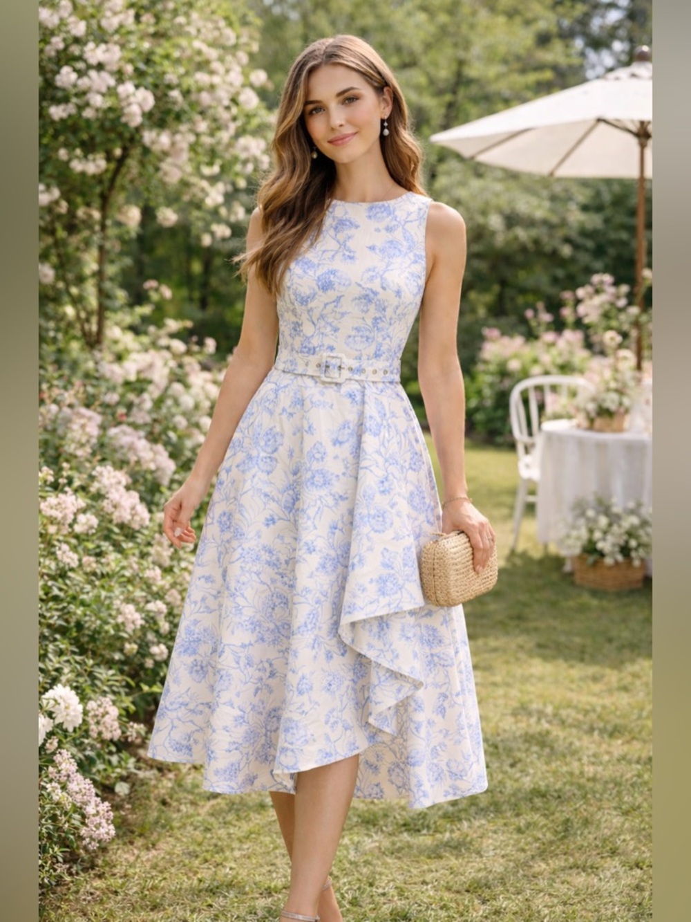 Commense Sleeveless Floral Belted Asymmetrical Dress Toile Garden Party Preppy